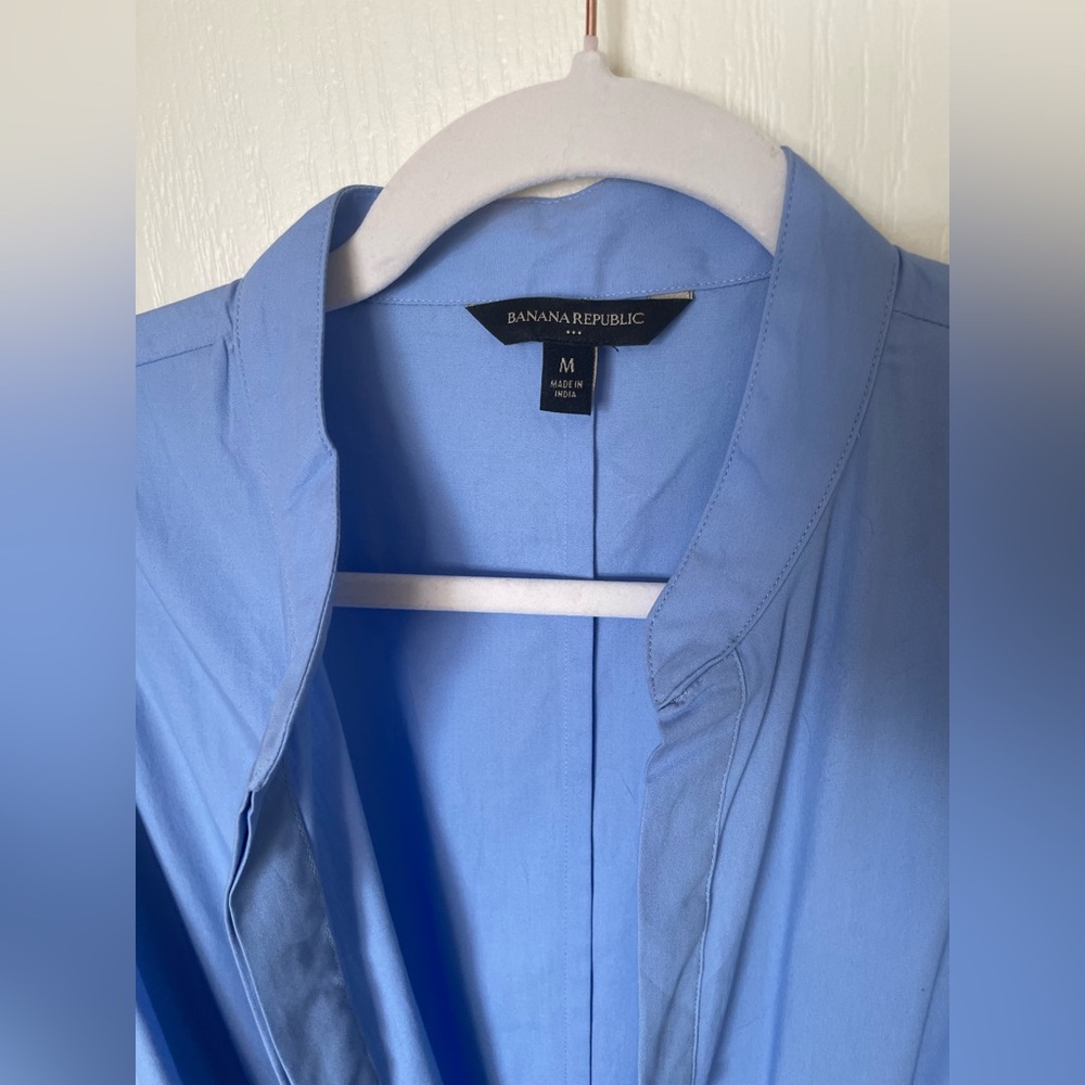 Banana Republic Poplin Short Sleeve Tie Waist Shirt Blue Work Midi Dress - Picture 7 of 9